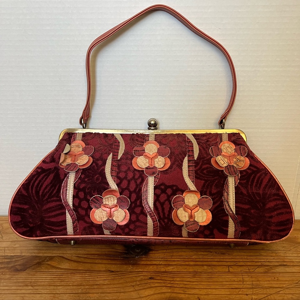 Vintage Spencer and Rutherford Floral Velvet Burgundy Shoulder Bag